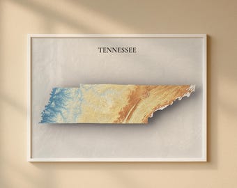 Tennessee Topographic Map Print | Elevation Relief Wall Art, State Poster, Terrain Map Gift