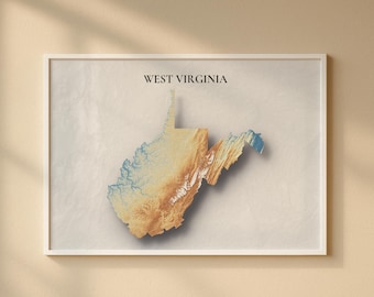 West Virginia Topographic Map Print | Elevation Relief Wall Art, State Poster, Terrain Map Gift