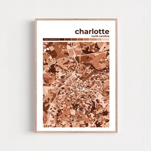 Mapa de Charlotte impreso, mosaico detallado para pared, póster de manzana de la ciudad sombreada, regalo de cumpleaños