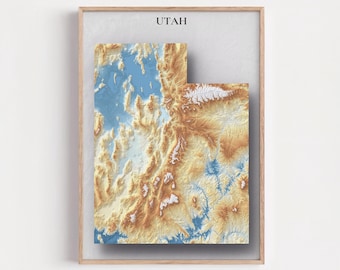 Utah Topographic Map Print | Elevation Relief Wall Art, State Poster, Terrain Map Gift