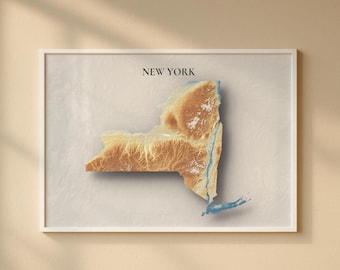 New York Topographic Map Print | Elevation Relief Wall Art, State Poster, Terrain Map Gift
