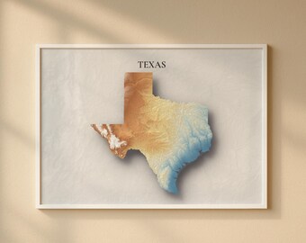 Texas Topographic Map Print | Elevation Relief Wall Art, State Poster, Terrain Map Gift