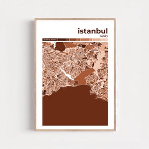 Puede incluir: Una impresión enmarcada con un mapa de Estambul, Turquía, en tonos marrones. El nombre de la ciudad y el país se muestran en la parte superior. Las coordenadas están en la parte superior izquierda. El mapa detalla la ciudad, incluido el Bósforo.