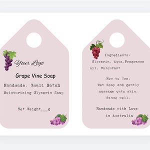 Può includere: Un'etichetta rosa chiaro con il testo "Your Logo" e "Grape Vine Soap". L'etichetta include un'illustrazione ad acquerello di uva e foglie. L'etichetta elenca anche gli ingredienti e le istruzioni.