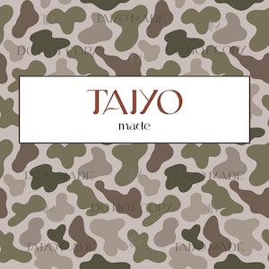 May include: A pattern featuring organic shapes in shades of brown, green, and gray on a light gray background. The text "TAIYO made" is displayed in a white rectangle. The words "DO NOT COPY" and "TAIYO MADE" are also visible.