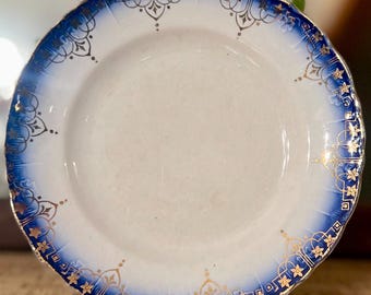 Antique Flow Blue Porcelain Bread Plate, gold scalloped edges