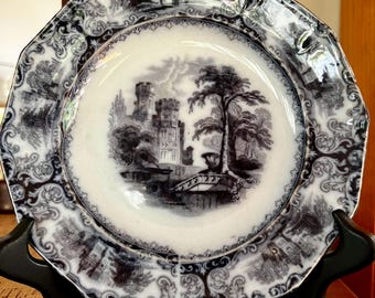 Antique Ironstone salad plate, black and white Foliage, Mulberry pattern
