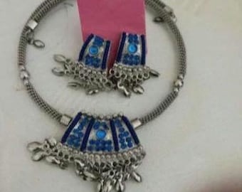 Ethnic Traditional Blue/Silver Choker And Earrings Set