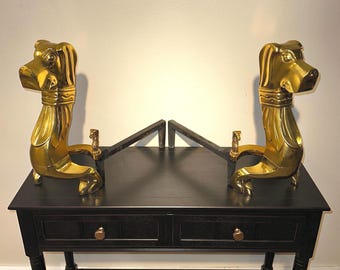 Ultra Rare Brass Fireplace Andirons Dogs - Hunting English Style Dachshund Greyhound Pointer Equestrian RL