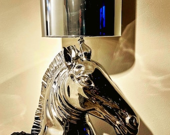 Large Hollywood Regency Chrome Horse Head Lamp with Translucent Shade