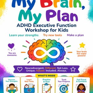 May include: A colourful workbook titled My Brain, My Plan ADHD Executive Function Workshop for Kids. The cover features a rainbow-coloured brain with an infinity symbol, text about neurodiversity, and five illustrated boxes detailing contents.