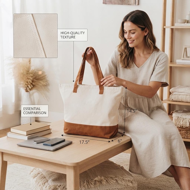 A woman in a beige dress is sitting at a wooden table, holding a beige tote bag with brown accents. The table has a laptop, a book, and a vase on it. The image also includes text that describes the bag as having a high-quality texture, essential comparison, and dimensions of 14.5" by 6" and 17.5" by 6".