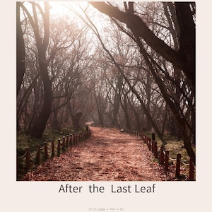 Puede incluir: Fotografía de un sendero forestal en otoño, cubierto de hojas caídas. Postes de madera y cuerdas bordean el camino. El texto "After the Last Leaf" aparece en la parte inferior de la imagen.