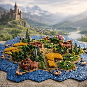 May include: A detailed miniature board game set on a hexagonal island with a blue ocean border. The island features miniature trees, fields, and buildings. A castle sits on a hill in the background, with mountains and a lake visible.