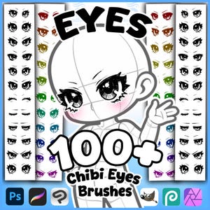 Puede incluir: Pinceles de arte digital para ojos chibi, con una variedad de estilos y colores. La imagen incluye un dibujo de un personaje chibi con ejemplos de diseños de ojos, y el texto "EYES" y "100+ Chibi Eyes Brushes".