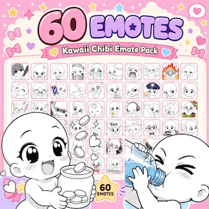 May include: A digital collection of 60 black and white chibi-style character emotes arranged in a grid. The graphic features the text 60 EMOTES Kawaii Chibi Emote Pack, with larger illustrations of a character holding a coin jar and another drinking water.