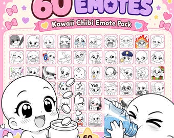 Puede incluir: Una colección digital de 60 emoticonos de estilo chibi en blanco y negro dispuestos en una cuadrícula. El gráfico presenta el texto 60 EMOTES Kawaii Chibi Emote Pack, con ilustraciones más grandes de un personaje con un tarro de monedas y otro bebiendo.