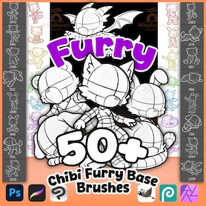 May include: Digital art graphic with the word "Furry" in purple, and the text "50+ Chibi Furry Base Brushes." The image displays cartoon animal characters. Software icons are at the bottom of the image.