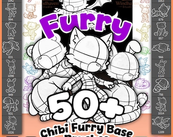 50+ Chibi Furry Base Pose Pack | Procreate & Photoshop Brushes | Fursona Ref Sheet Bases | Anthro Lineart | Multi Species Bundle for Furries