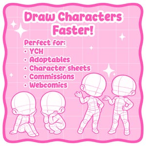 Puede incluir: Un gr&aacute;fico rosa con el texto "Draw Characters Faster!" y una lista de usos: YCH, Adoptables, Character sheets, Commissions y Webcomics. La imagen incluye cuatro bocetos de personajes chibi en varias poses.