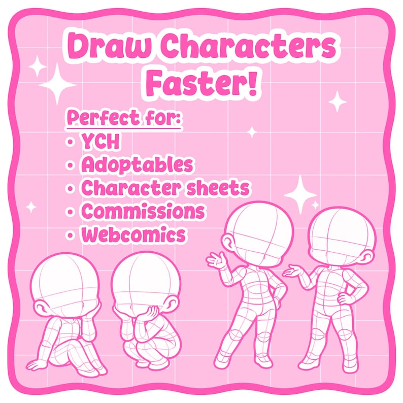 Puede incluir: Un gr&aacute;fico rosa con el texto "Draw Characters Faster!" y una lista de usos: YCH, Adoptables, Character sheets, Commissions y Webcomics. La imagen incluye cuatro bocetos de personajes chibi en varias poses.