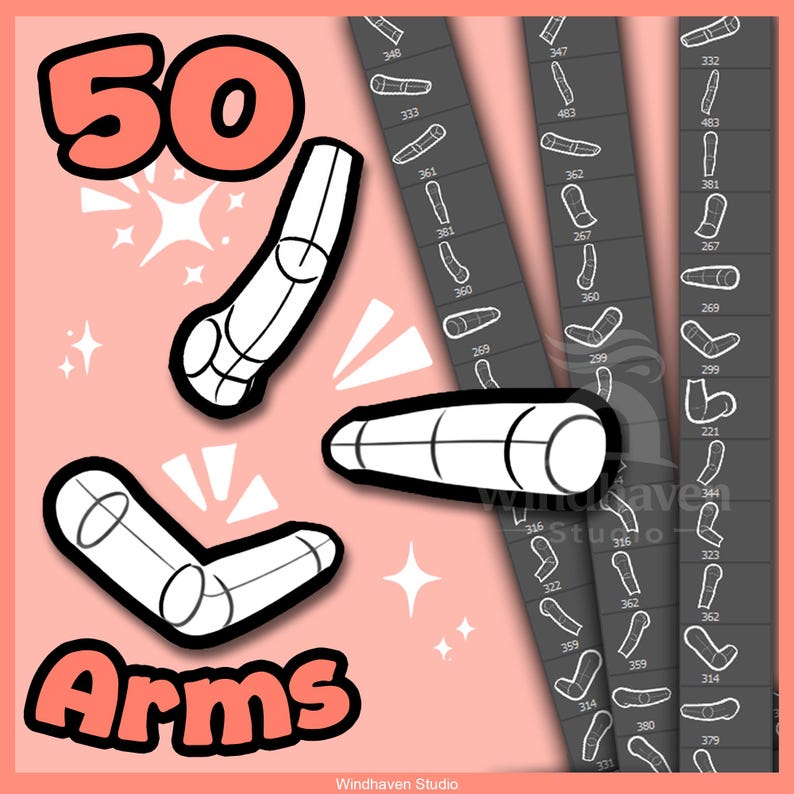 May include: An illustration with the text "50 Arms" in a coral color. The image features several white arm diagrams with black outlines, along with a list of arm variations. The background is a light coral color.