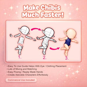 May include: A pink graphic with the text "Make Chibis Much Faster!" and a step-by-step guide on drawing chibi characters. The guide shows the process from a basic outline to a finished character in a blue swimsuit.