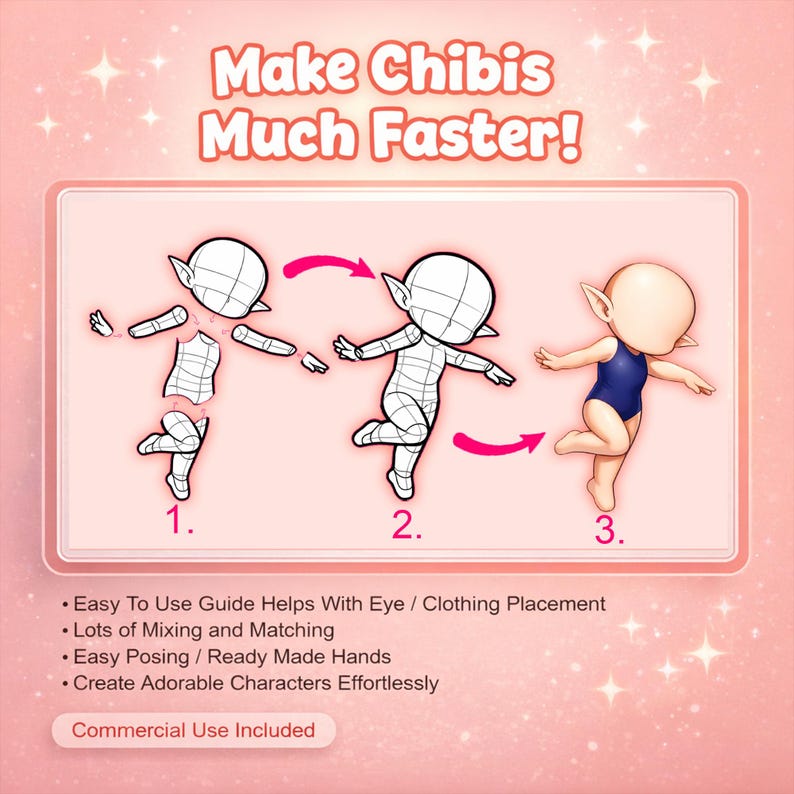 May include: A pink graphic with the text "Make Chibis Much Faster!" and a step-by-step guide on drawing chibi characters. The guide shows the process from a basic outline to a finished character in a blue swimsuit.