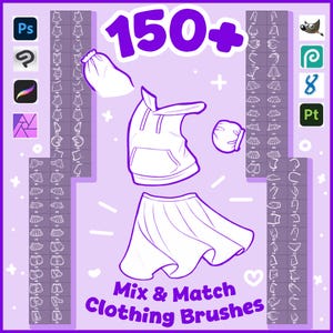 Puede incluir: Un conjunto de pinceles digitales con más de 150 diseños de ropa, incluyendo sudaderas, faldas y mangas. El gráfico morado muestra varias plantillas de ropa en arte lineal, iconos de software y el texto 150+ Mix & Match Clothing Brushes.