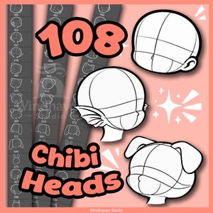 May include: Digital art print featuring the words "Chibi Heads" in a coral color, along with the number "108". The image showcases several stylized Chibi head outlines, with grid lines, on a light pink background. The artist's name is visible.