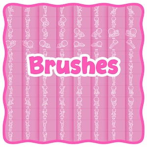 Puede incluir: Una hoja de referencia de arte digital rosa con una cuadr&iacute;cula de peque&ntilde;as poses de figuras blancas. La palabra "Brushes" est&aacute; en una fuente rosa grande con contorno blanco en el centro. La hoja tiene un borde rosa decorativo.