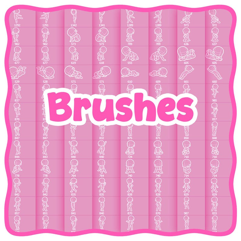 Puede incluir: Una hoja de referencia de arte digital rosa con una cuadr&iacute;cula de peque&ntilde;as poses de figuras blancas. La palabra "Brushes" est&aacute; en una fuente rosa grande con contorno blanco en el centro. La hoja tiene un borde rosa decorativo.