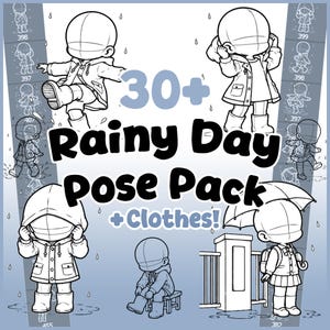 Puede incluir: Un conjunto de ilustraciones digitales titulado 30+ Rainy Day Pose Pack +Clothes! que presenta varios bocetos de líneas en blanco y negro de personajes con ropa de lluvia, incluyendo impermeables, botas y paraguas, sobre un fondo azul claro.