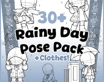 Paquete de pinceles con más de 30 poses base chibi / Poses para días lluviosos + ropa / Sellos para Procreate y Photoshop / Creador de personajes de anime, VTuber y manga