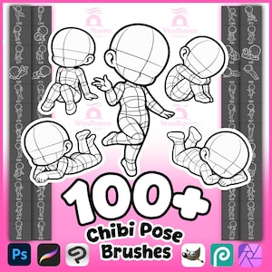 Puede incluir: Un gráfico rosa con el texto "100+ Chibi Pose Brushes". La imagen presenta varios dibujos lineales de personajes chibi en varias poses, junto con iconos de software para Photoshop, Procreate y otros programas de arte digital.