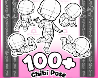 100+ Chibi Base Pose Brush Pack | Chibi Stamps for Procreate Photoshop Clip Studio | Cute Anime Bases YCH Character Design Digital Art Manga