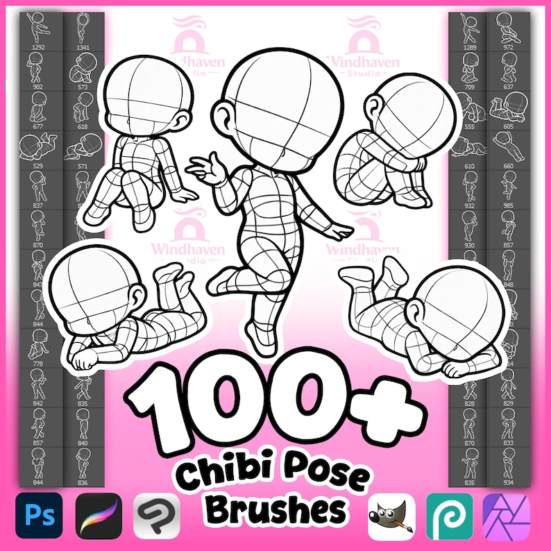 Puede incluir: Un gr&aacute;fico rosa con el texto "100+ Chibi Pose Brushes". La imagen presenta varios dibujos lineales de personajes chibi en varias poses, junto con iconos de software para Photoshop, Procreate y otros programas de arte digital.