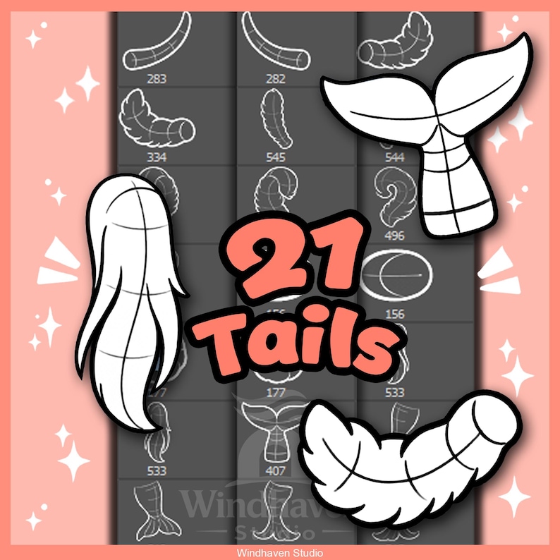 May include: A digital art graphic featuring 21 different tail designs in white outlines on a dark gray background. The text "21 Tails" is in a coral color with a black outline. The background is a light coral color with white star accents.