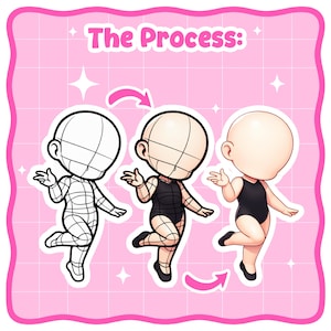 Puede incluir: Un fondo rosa con el texto "The Process:" sobre tres ilustraciones de una figura chibi. Las ilustraciones muestran la figura en etapas, desde un entramado de alambre hasta una forma terminada con un ba&ntilde;ador negro.