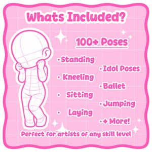 Paquete de más de 100 pinceles de poses base chibi / Sellos chibi para Procreate, Photoshop y Clip Studio / Bases de anime lindas YCH Diseño de personajes Arte digital Manga imagen 3