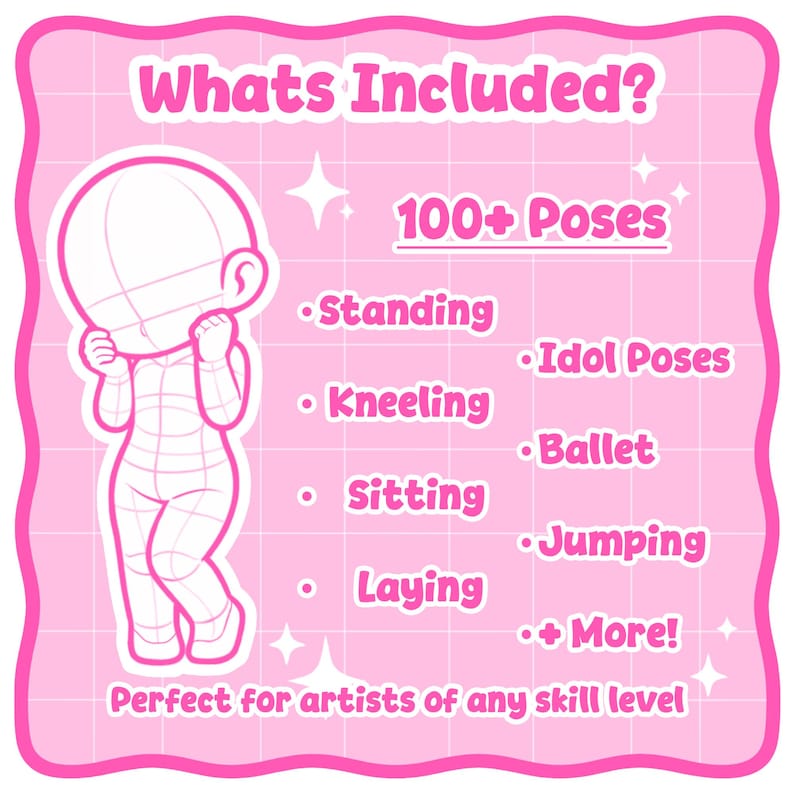 Paquete de más de 100 pinceles de poses base chibi / Sellos chibi para Procreate, Photoshop y Clip Studio / Bases de anime lindas YCH Diseño de personajes Arte digital Manga imagen 3