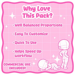 Puede incluir: Gr&aacute;fico rosa con el texto "Why Love This Pack?" y vi&ntilde;etas: "Well Balanced Proportions", "Easy To Customize", "Quick To Use", "Helps Speed Up Workflow" y "COMMERCIAL USE INCLUDED!" con figuras de dibujos animados.