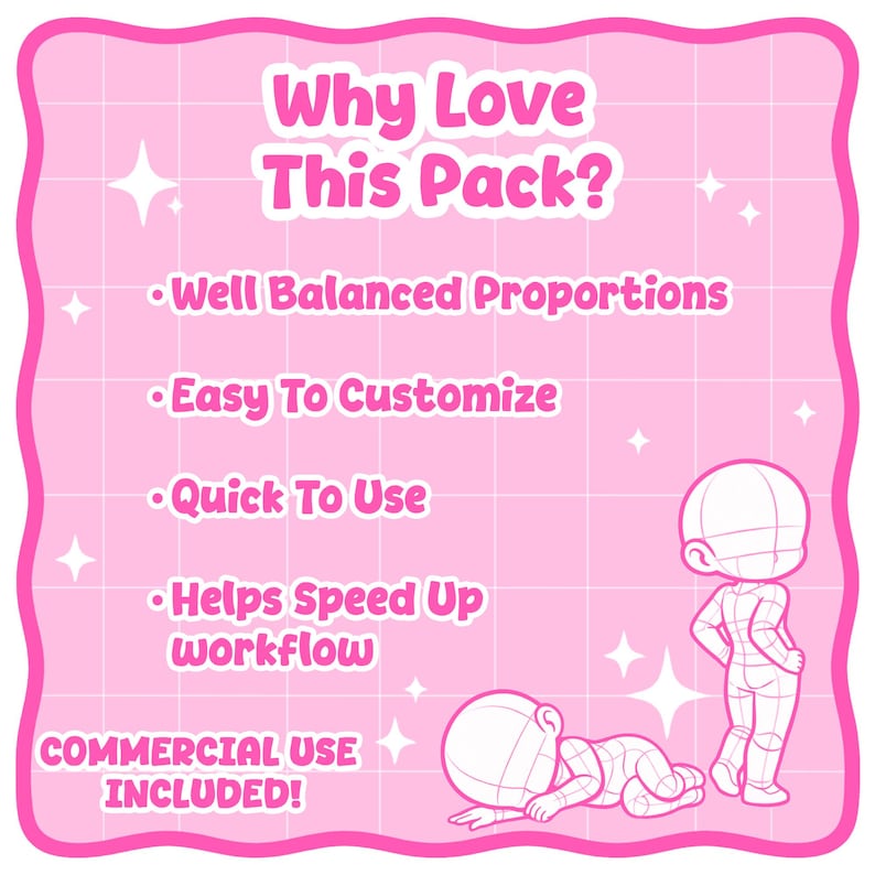 Puede incluir: Gr&aacute;fico rosa con el texto "Why Love This Pack?" y vi&ntilde;etas: "Well Balanced Proportions", "Easy To Customize", "Quick To Use", "Helps Speed Up Workflow" y "COMMERCIAL USE INCLUDED!" con figuras de dibujos animados.