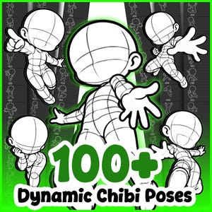 Pode incluir: Uma coleção digital de mais de 100 poses de personagens chibi em arte de linha preta e branca com várias posturas dinâmicas. O texto 100+ Dynamic Chibi Poses é exibido em letras verdes e pretas na parte inferior do gráfico.