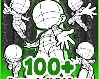 Puede incluir: Una colección digital de más de 100 poses de personajes chibi en arte lineal blanco y negro con varias posturas dinámicas. El texto 100+ Dynamic Chibi Poses aparece en letras verdes y negras en la parte inferior del gráfico.