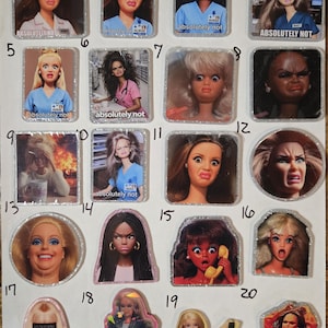 May include: A collection of twenty individual stickers featuring various doll faces with diverse expressions, including shocked, angry, and laughing faces, some with the text 'absolutely not' or 'GTFO Eat Shit' printed on them, arranged in a grid.