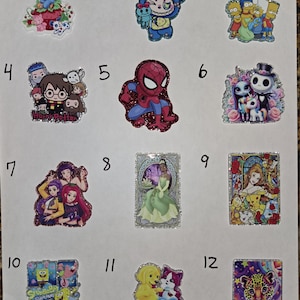 May include: A collection of colorful, glittery stickers featuring various cartoon characters. Includes Strawberry Shortcake, Stitch, The Simpsons, Spider-Man, Harry Potter, and characters from The Nightmare Before Christmas, Disney, and SpongeBob SquarePants.