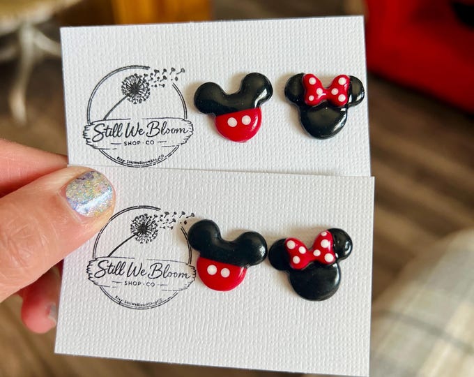 Mickey Minnie Inspired Polymer Clay Stud Earrings | Glossy Resin Coated Cartoon Jewelry