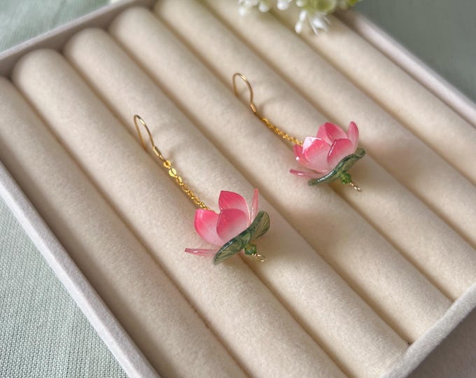 Pink Lotus Flower Earrings | Gold Stainless Steel, Preciosa Crystal Botanical Jewelry