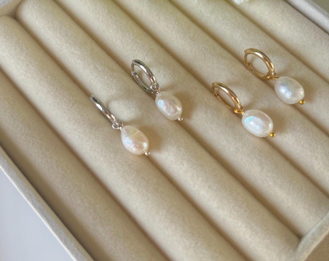 Freshwater Pearl Huggie Earrings | White Pearl | Minimalist Island Style Bridal Jewelry